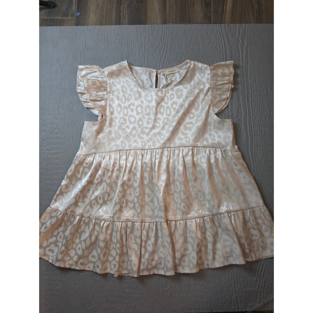 ANDTHEWHY Champagne Pink Leopard Satin Tiered Ruffle Babydoll Top Small